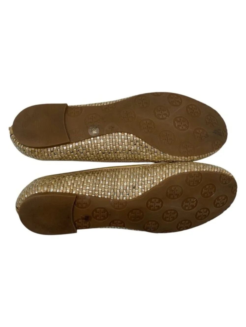 Tory Burch Reva Straw & Gold Leather Ballet Flats Medallion Women's Size 8 US